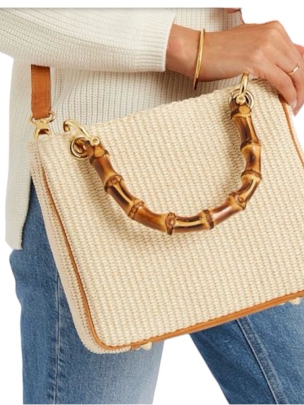 Mark & Graham Woven Raffia Leather Purse Crossbody Satchel Bamboo Handles Cream